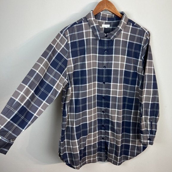 Garnet Hill Flannel Tunic Button Up Shirt 16 Gray Plaid Organic Cotton - Picture 3 of 10